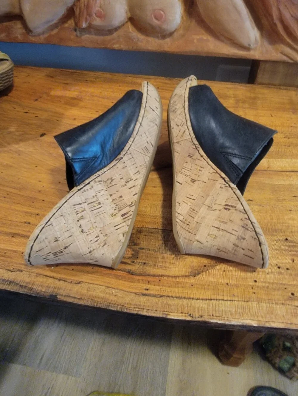Born Size 7 Black Leather Cork Wedge Slide Sandals w/ 3
